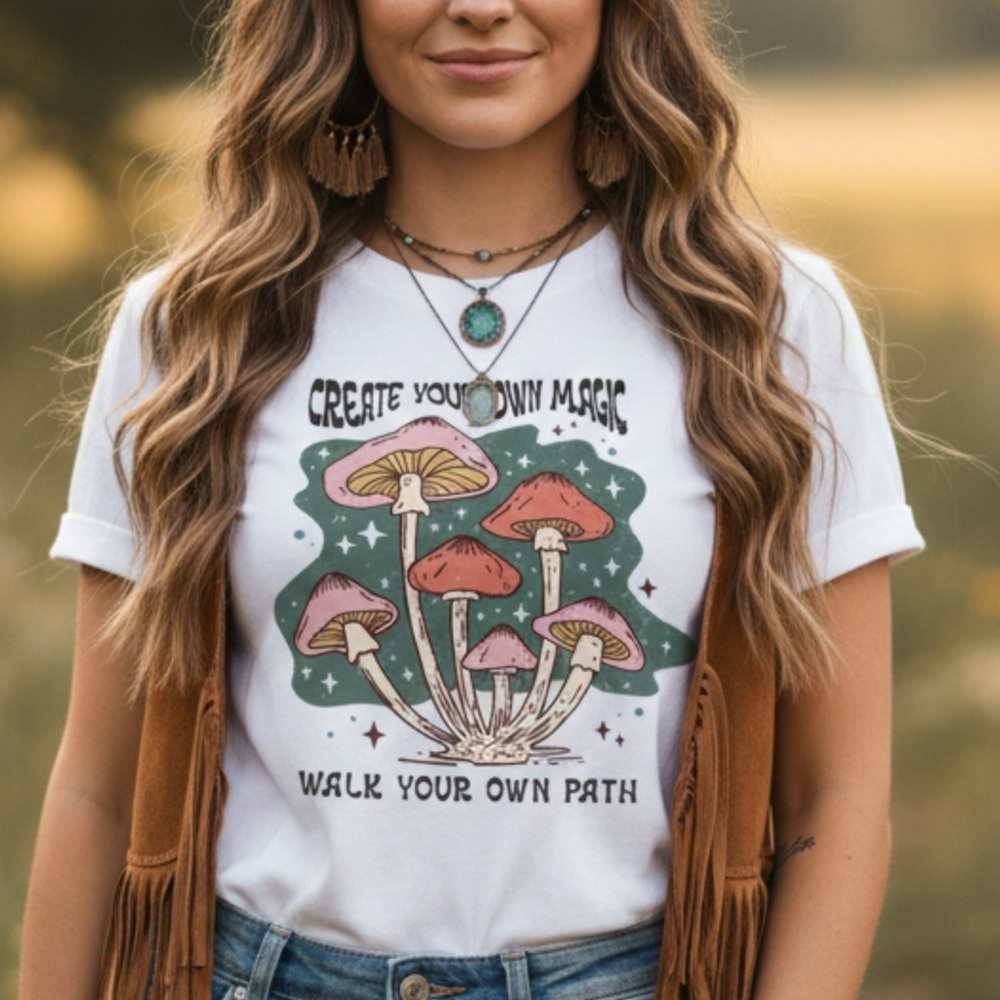 CREATE YOUR OWN MAGIC Mushroom T Shirt Vintage Style Graphic Boho Womens Sz L/XL